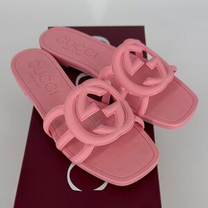 Gucci 34 Pink Interlocking GG Palma Rubber Logo Slide Pool Sandals Shoes E943